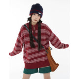 yipinpay Women Red Stripe Sweater Color Contrast Half Zipper Fashion Vintage Lazy Wind Loose Winter Female Thickening Knitting Pullover