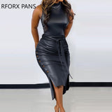 Yipinpay Women PU Leather Sleeveless Button Ruched Sashes Bodycon Dress Party  Dress