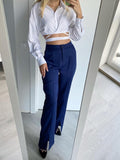 Yipinpay Classy Split Long Pants Women Fashion High Waist Zip Pants Ladies Boot Cut Navy Blue Pencil Trousers High Street