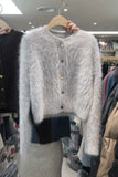 Yipinpay Cashmere Knitted Cardigan Coat Korean Fashion Solid O Neck Short Blue Mohair Sweater Wild Fleece Tops Soft New Fall