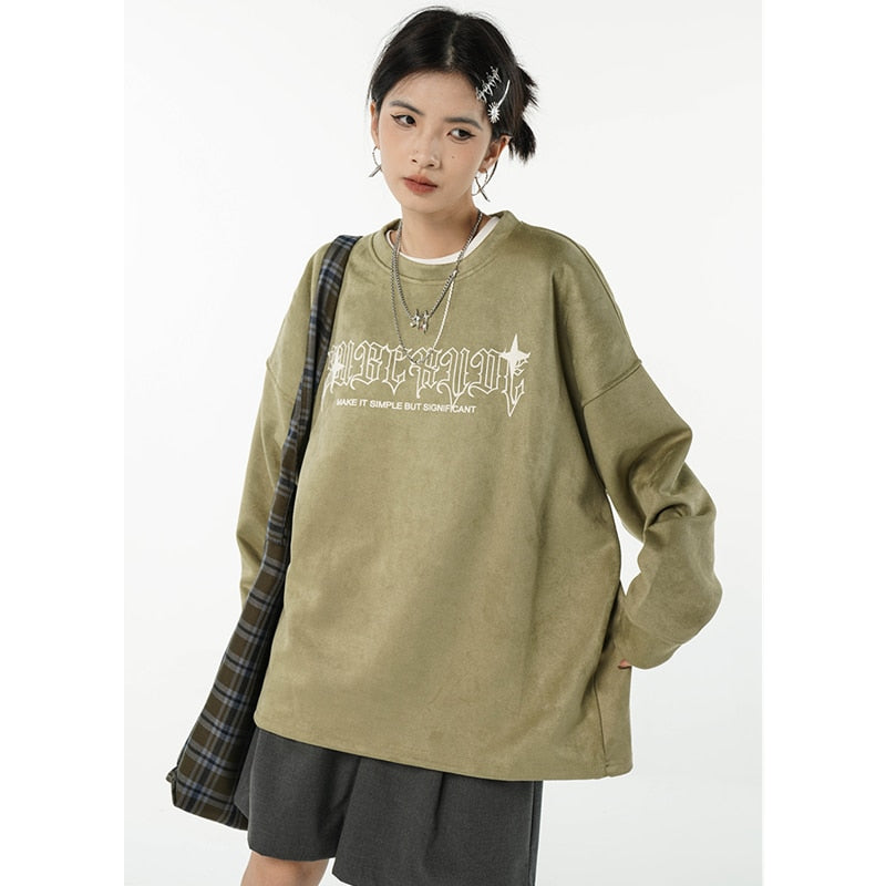 yipinpay Women Green Sweatshirt Round Neck Letter Printing Fashion Hip Hop Leisure Thickening Warm Winter New Long Sleeves Pullover Tops