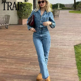 Yipinpay Blue Denim Jumpsuit Women Elegant Long Jumpsuits Woman 2023 Long Sleeve Jean Woman Jumpsuit Straight Leg Summer Overalls