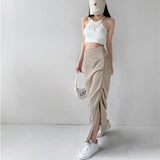 Yipinpay Streetwear Cargo Skirts Women Spring Autumn New Slim Side Split Folds Long Skirt Female