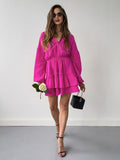 Yipinpay Rose Red Ruffled Dress Woman Elegant Puff Sleeve Cascade Ruffle Mini Dress Ladies Office Spring Cotton Dresses Chic