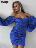 yipinpay Elegant Backless Women Sexy Off Shoulder Long Sleeve Club Mini Dress Bodycon Fashion Autumn Party Satin Blue Dress 2023