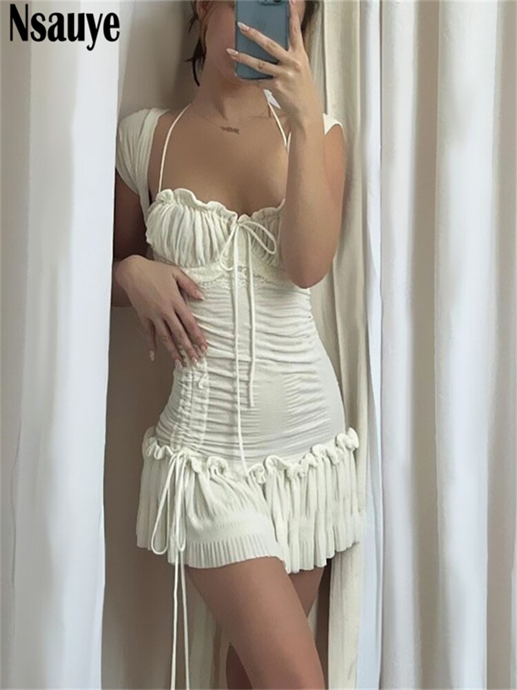 yipinpay Chic White Women Summer Off Shoukder Ruffles Short Dress Sexy Club Evening Party Vintage Cute Y2K Dress Female Outfits