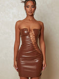 Yipinpay PU Hollow Sexy Sleeveless Dresses For Women 2023 Wrap Chest Lace Mini Skirt Nightclub Fashion Woman Party Tight Dress