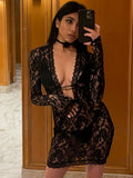 Yipinpay Lace Mesh Long-sleeved Dress For Women 2023 Summer Beach Sexy V-neck Hollow Vestir Femme Hot Girl Street Mini Dresses