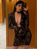 Yipinpay Lace Mesh Long-sleeved Dress For Women 2023 Summer Beach Sexy V-neck Hollow Vestir Femme Hot Girl Street Mini Dresses