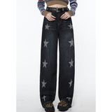 yipinpay Women Blue Jeans Stars Vintage American Fashion Streetwear Style Bottoms Wide Leg Jean Female Baggy Trouser Straight Denim Pants