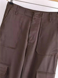 Yipinpay Women's Cargo Trousers Brown Cargo Pants Women High Waist Baggy Pants Woman Fashion Pockets Streetwear Satin Casual Pants