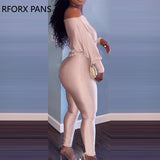 Yipinpay Women Elegant Off Shoulder Long Sleeves Solid Bodycon Skinny Leg with Belt Jumpsuit