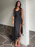 Yipinpay MO Fashion Dot Print Swinging Neck Backless Midi Dress For Women Chic Slip Side Split Slim Dresses Ladies Sundress