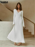 yipinpay Knitted Dresses For Women 2023 Autumn Winter Elegant Pleated Long Dresses Long Sleeve V Neck Casual Slim White Maxi Dress