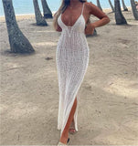 Yipinpay Fashion Female Beach Dress Solid Color Deep V-Neck Sleeveless Backless Crochet One-Piece For Summer Hot Sale S M L