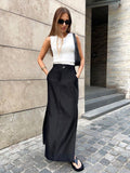 Yipinpay Black Loose Long Skirts Women A-Line Zip Skirts Ladies Elegant Summer Skirts Female With Pocket Ankle-Length Skirts