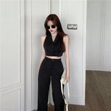 Yipinpay Striped Tailored Trousers Wide Leg Pant Suits Lapel Sleeveless Black Blazer Vest Thin Jacket Office Lady Sexy Casual Sets