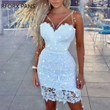 Yipinpay Women Elegant Cutout Spaghetti Strap Guipure Lace Dress