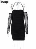 yipinpay Sexy Halter Long Sleeve Off Shoulder Mini Bodycon Night Club Ruched Fashion Dress Evening Party Autumn Winter Wrap Dress