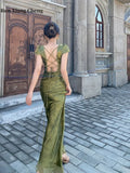 Yipinpay Women's Long Dress New In Female Turquoise Green V-neck Backless Satin Jacquard Waist Slim Chic and Elegant Sexy Dress