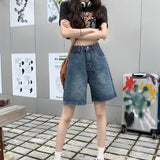 Yipinpay Baggy Shorts Pants Women Summer 2023 Vintage Blue Wide Leg Denim Short Korean Fashion Casual Female Knee Length Jeans Mujer