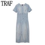 Yipinpay Denim Long Dress Women Blue Summer Dress Woman 2023 Slit Short Sleeve Midi Party Dresses Casual Elegant Women's Dresses