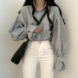 Yipinpay Lantern Sleeve Blue Stripe Shirt Camisas Blusas Mujer Loose Casual Black Top Women's Clothing Blouses Office Lady Shirts