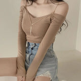 Yipinpay for Women 2023 Sexy Slash Neck Long Sleeve White Off Shoulder Chain Tshirt Ropa Mujer Graphic T-shirts Y2k Top Camisetas