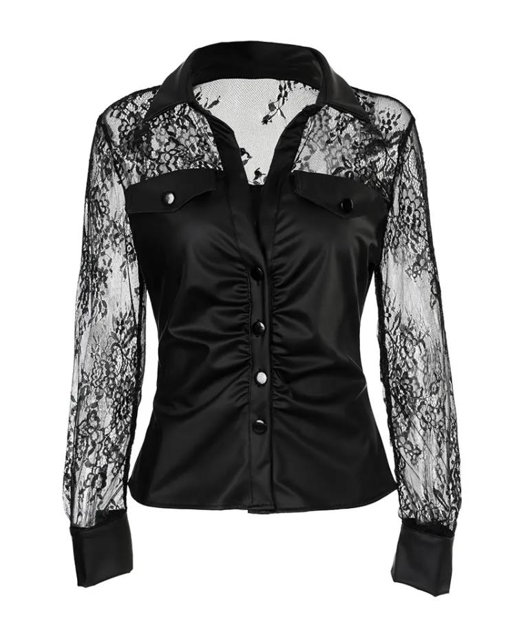 Yipinpay new women's fashion Sexy top Contrast Lace PU Leather Button Down Shirt female blouse