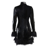 Yipinpay Women PU Leather Mini Dress Feather Trim Long Sleeve Bodycon Dress Autumn Club Party Elegant Sexy Korean Fashion Dresses