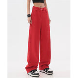 yipinpay Women's Clothing Red Jeans Vintage Casual Straight Self Cultivation Wide Leg Pants High Waist Baggy Denim Trouser Ladies Summer