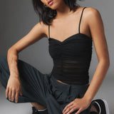 Yipinpay Womens Y2K Retro Crop Camisole Summer Vintage Ruched Spaghetti Strap Tank Tops Sleeveless T-Shirt Streetwear Clubwear
