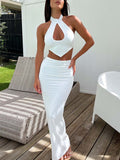 Yipinpay Women Sexy Two-Piece Clothes Set Women'S Suit Solid Color Round Collar Vest And High Waist Split Long Slit Skirt Summer Hot