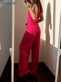 Yipinpay Pink Elegant Blazer 2 Pieces Sets High Waist Wide Leg Pants Suits Button Vest Outfit Office Ladies Women Summer 2023