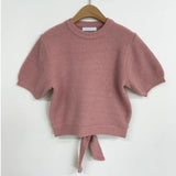 Yipinpay O Neck Cropped Pink Sweaters Women Slim Short Sleeve Shirt Back Bow Bandage Tops Sueter Jumper Blouse Shirts Sweet
