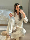 Yipinpay Women's Y2K 2Pcs Heart/Floral Print Pajamas Set Long Sleeve Lapel Button Up Shirt Tops+Sleepwear Pants Pjs Loungewear