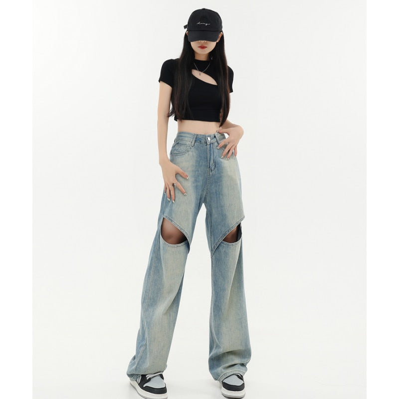 yipinpay Jeans Women Y2K Style High Waist American Hollow Out Wide Leg Pants Fashion Hip Hop Vintage Straight Summer Female Trouser
