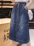 Yipinpay Vintage Denim Skirt Drawstring High Elastic Waist Pockets Streetwear Midi Jeans Skirts Women Oversized Split Bottoms