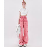 yipinpay Women Pink Cargo Pants High Waist Casual Vintage Fashion Leisure Straight Wide Leg Pants Female 2023 Summer Mopping Trouser