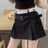 Yipinpay Belt Pleated Mini Skirt Women Korean Style Preppy Summer Patchwork High Waist Casual A-line Skirt Shorts Streetwear