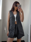 Yipinpay Street Style Dark Gray Shorts Suits Two Pieces Vest Tops Shorts Casual Sets Summer 2023 Office Ladies Shorts Outfit