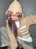 Yipinpay Women's Y2K Goth Cutout Zip-up Sweatshirt Grunge Long Sleeve Punk Harajuku Unisex Hooded Skeleton Hollow Pullovers