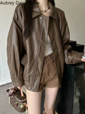 Yipinpay Black Leather Jacket Women Outerwear Loose Zipper Moto Biker Leather Jacket Winter Streetwear Vintage Casual Faux Fur Coat