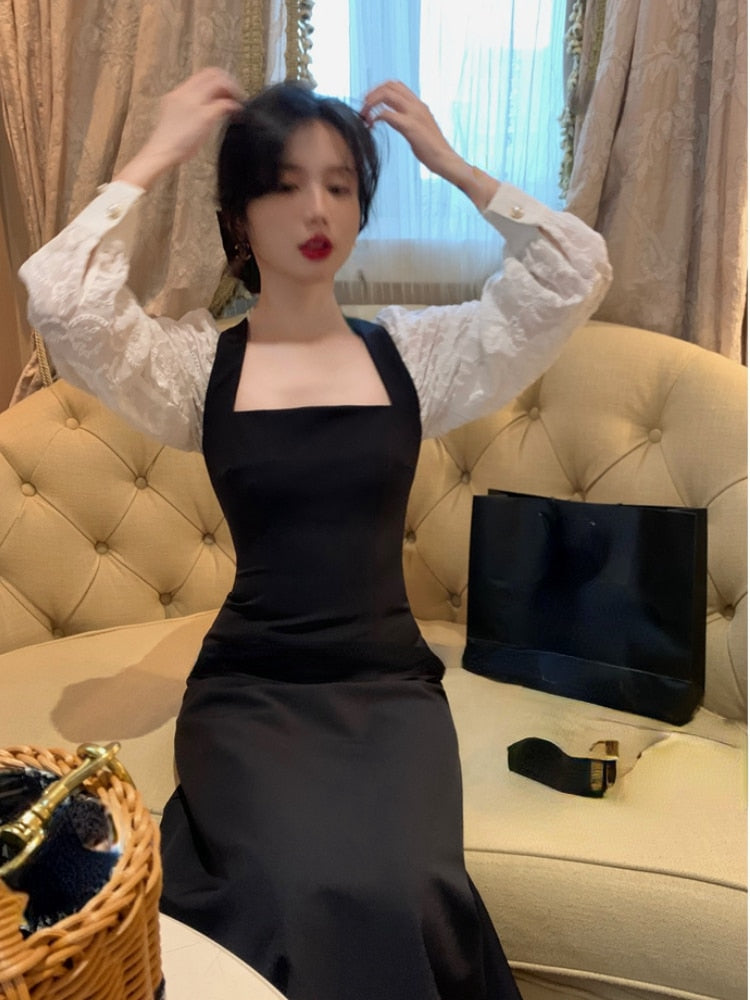 Yipinpay Sleeve Elegant Lace Dress Party Casual 2023 Autumn Slim Vintage Black Midi Dress Woman Design Korean Style Backless Dress