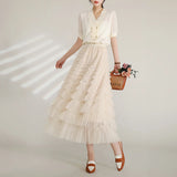 Yipinpay Solid Color Cake Long Skirt Mesh Puffy Women Sexy Korean Floor Length Party Skirts Loose Elastic Female Ball Gown Summer