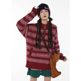 yipinpay Women Red Stripe Sweater Color Contrast Half Zipper Fashion Vintage Lazy Wind Loose Winter Female Thickening Knitting Pullover
