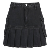 Yipinpay Punk Black Denim Mini Skirt Pleated Women Sexy Grunge High Waisted Pocket Patchwork A-line Jean Skirt E Girl Streetwear