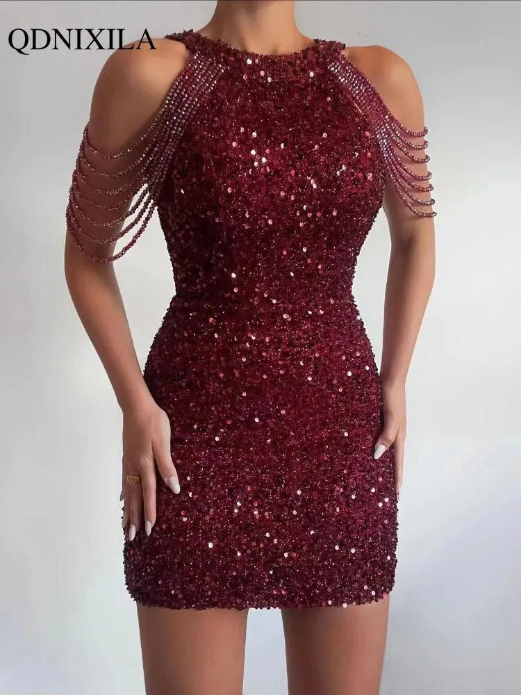 Yipinpay Summer New In Fashion Women's Dress Sequined Luxury Party Short Dresses Chic and Elegant Sexy Crystal Tassel Evening Dress