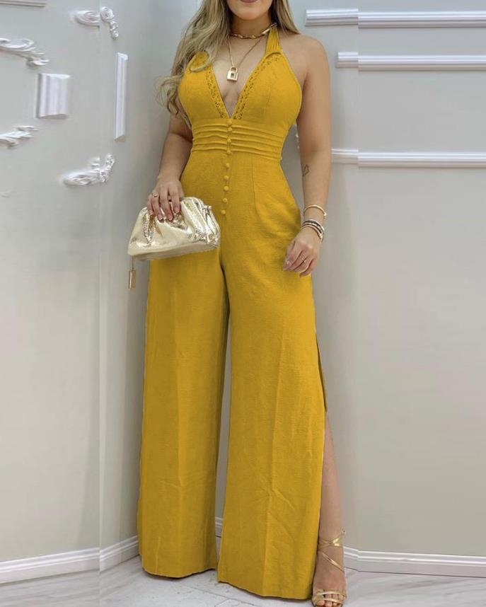Yipinpay Trim Buttoned Backless Slit Jumpsuit Elegant Jumpsuit for Women Casual New Fashion 2023 Summer
