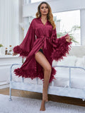 Yipinpay Women Feather Patchwork Trim Bathrobe Nightwear Solid Color Casual Soft Long Sleeve Robe Sleepwear Ladies Loungewear